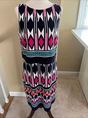 Eliza J Faux 2 Piece Black, White, Pink and Teal Graphic Sheath Dress Size 8 EUC